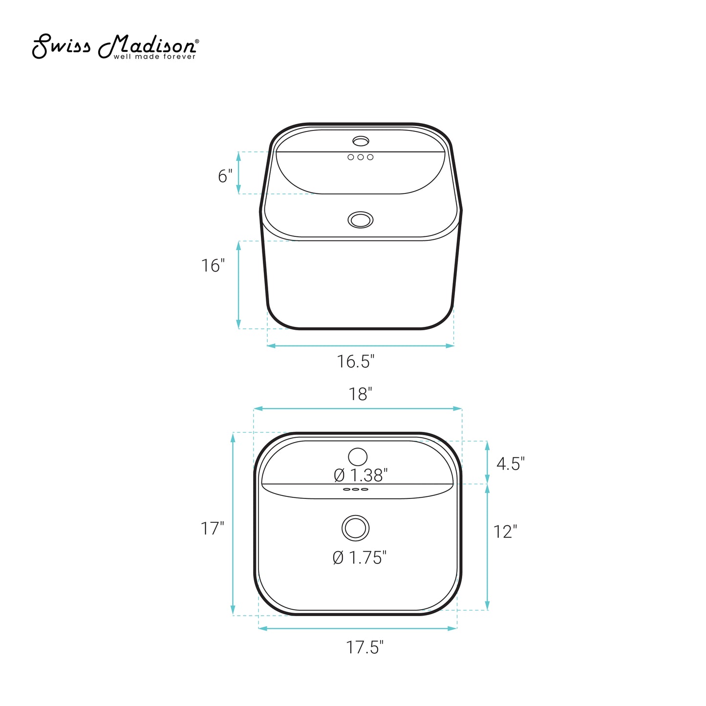 Swiss Madison, Carre 17.5" Wall-Mount Bathroom Sink