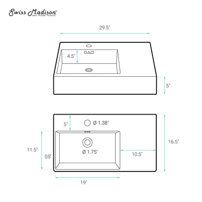 Swiss Madison, St. Tropez 30" Rectangle Wall-Mounted Sink with Left Side Faucet Mount