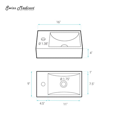 Swiss Madison, Lisse 16" Concrete Rectangle Wall-Mounted Sink with Left Side Faucet Mount in Matte Royal Green