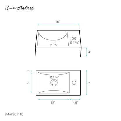 Swiss Madison, Lisse 16" Concrete Rectangle Wall-Mounted Sink with Right Side Faucet Mount in Matte Dark Gray