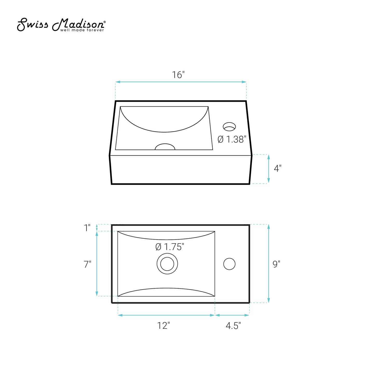 Swiss Madison, Lisse 16" Concrete Rectangle Wall-Mounted Sink with Right Side Faucet Mount in Matte Terracotta
