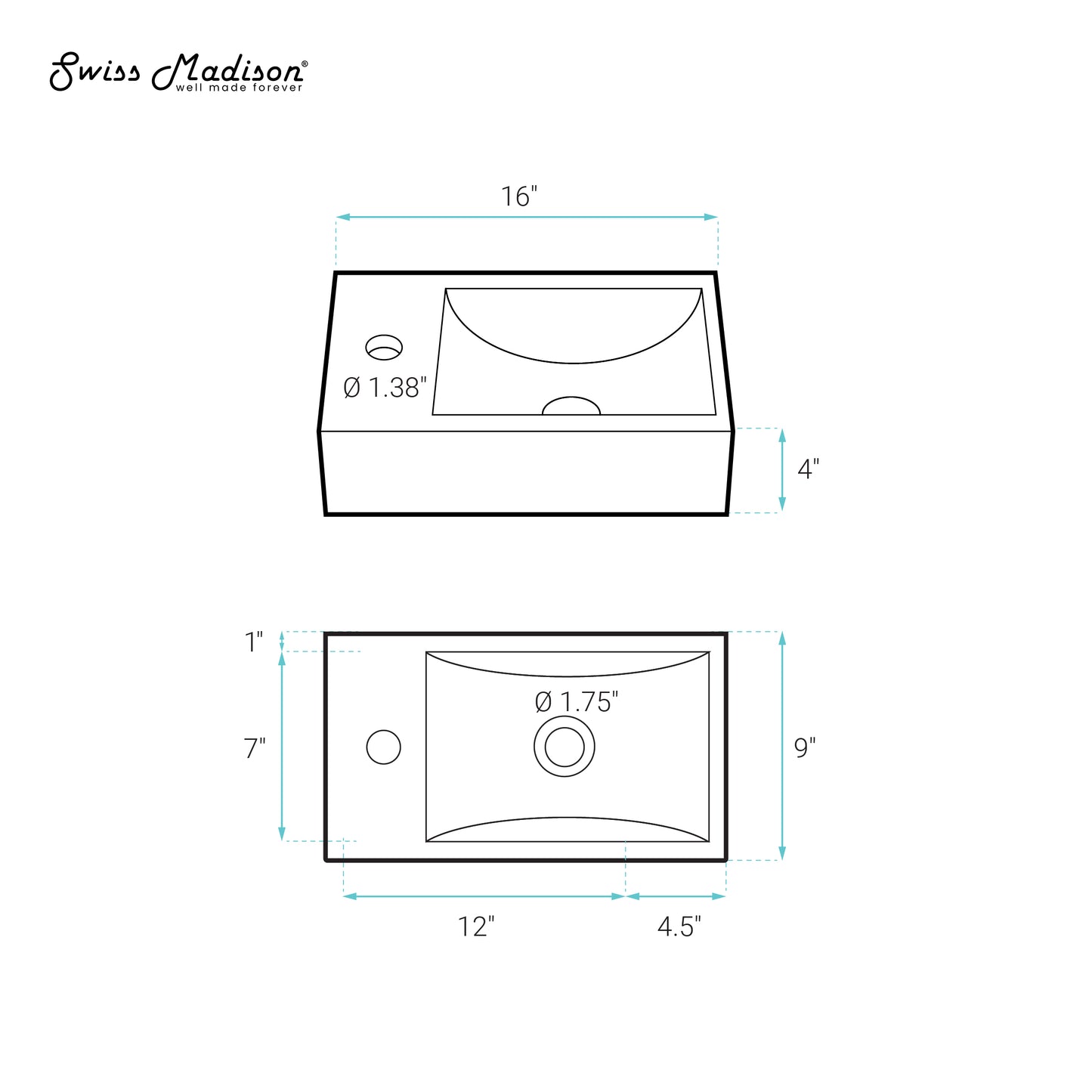 Swiss Madison, Lisse 16" Concrete Rectangle Wall-Mounted Sink with Right Side Faucet Mount in Matte Royal Blue