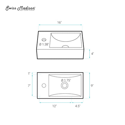 Swiss Madison, Lisse 16" Concrete Rectangle Wall-Mounted Sink with Right Side Faucet Mount in Matte Royal Blue