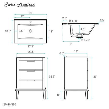 Swiss Madison, Hugo 24" Freestanding Bathroom Vanity in Brown Oak with Sink Top