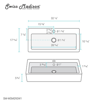 Swiss Madison, Voltaire Wide Rectangle Wall Hung Sink in White Marble