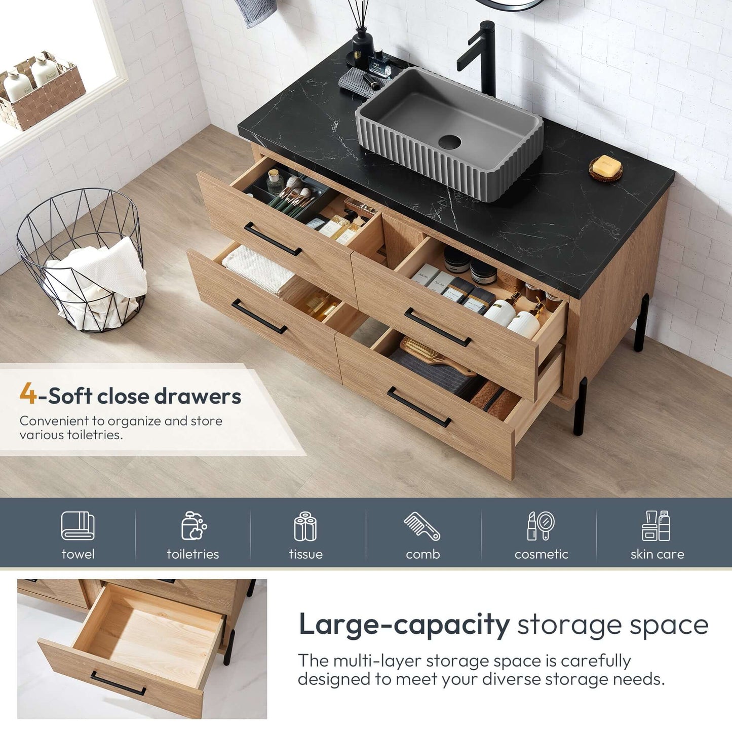 Vinnova, Trento 48A" Single Sink Bath Vanity in North American Oak with Black Sintered Stone Top with Concrete Sink, top view.