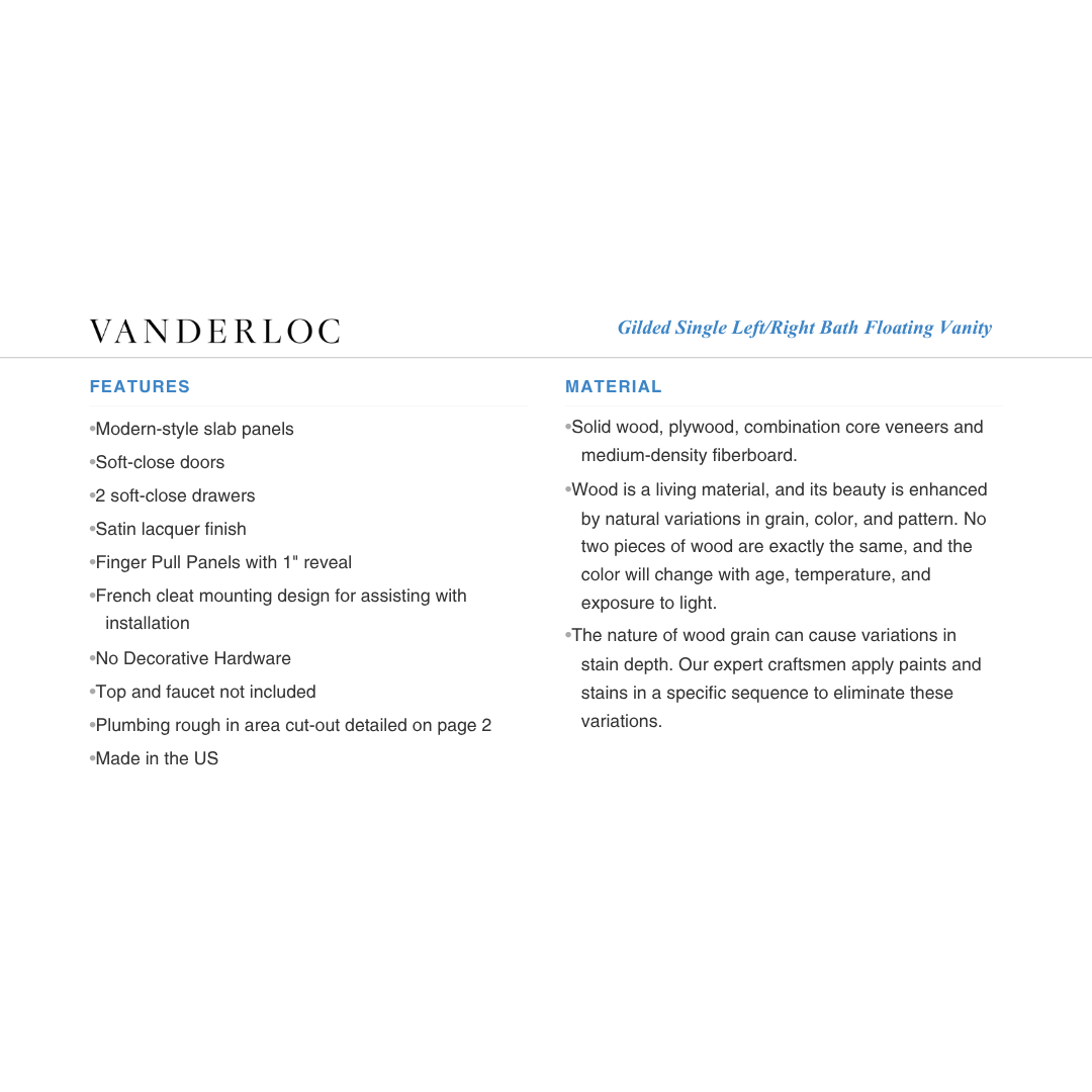 Vanderloc Gilded Single Left/Right Bath Floating Vanity (Top and Faucet Not Included)