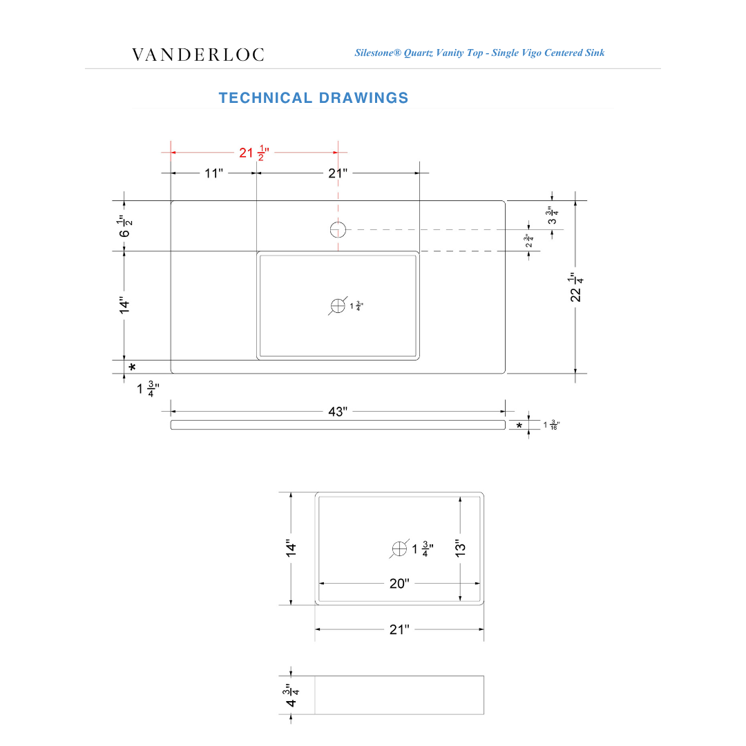 Vanderloc 43" Silestone® Quartz Vanity Top Single Vigo Centered Sink