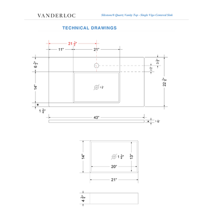 Vanderloc 43" Silestone® Quartz Vanity Top Single Vigo Centered Sink