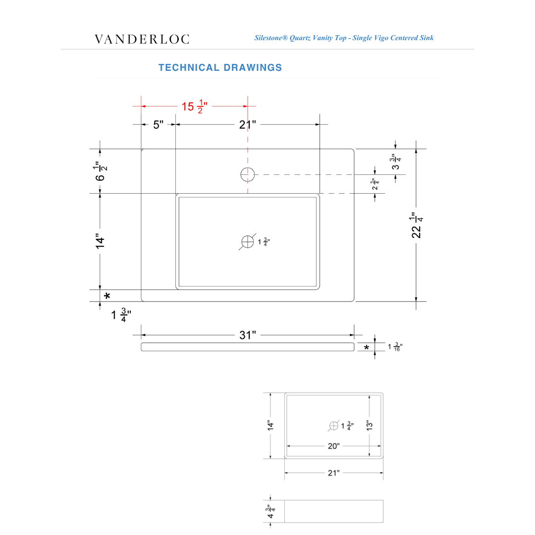 Vanderloc 31" Silestone® Quartz Vanity Top Single Vigo Centered Sink