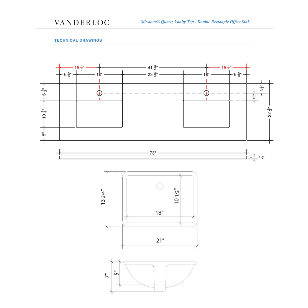 Vanderloc 73" Silestone® Quartz Vanity Top Double Rectangle Offset Sink Dimensions