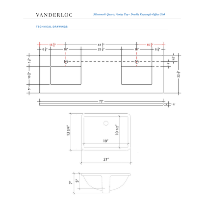 Vanderloc 73" Silestone® Quartz Vanity Top Double Rectangle Offset Sink Dimensions