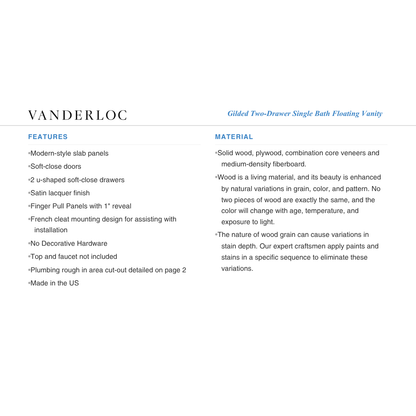 Vanderloc Gilded Two-Drawer Single Bath Floating Vanity (Add Top & Faucet)