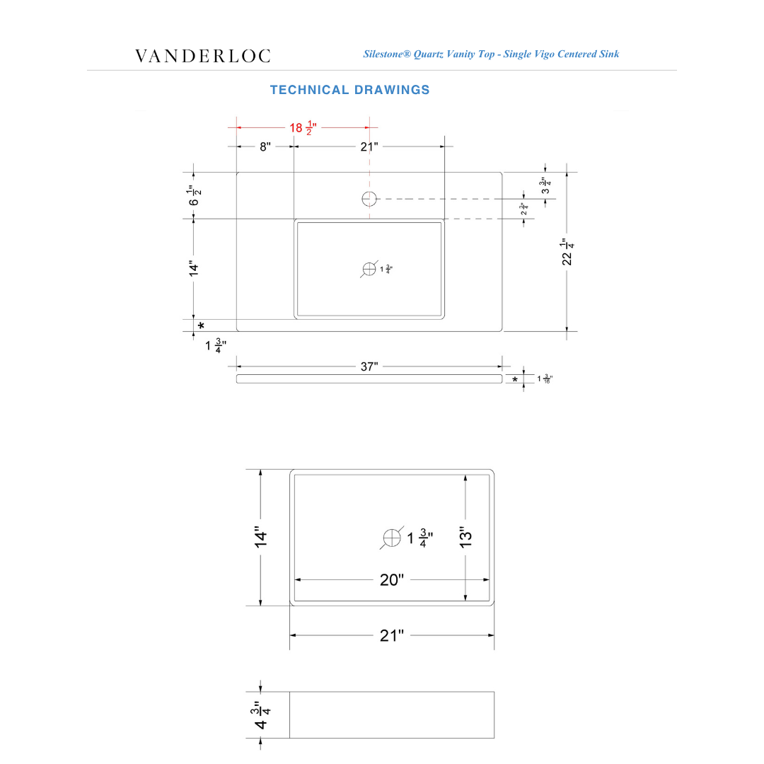 Vanderloc 37" Silestone® Quartz Vanity Top Single Vigo Centered Sink