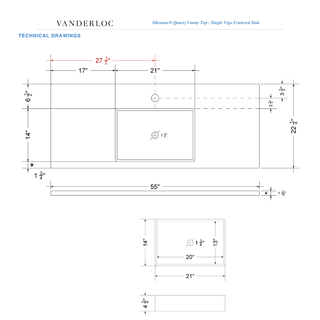 Vanderloc 55" Silestone® Quartz Vanity Top Single Vigo Centered Sink