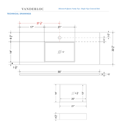Vanderloc 55" Silestone® Quartz Vanity Top Single Vigo Centered Sink