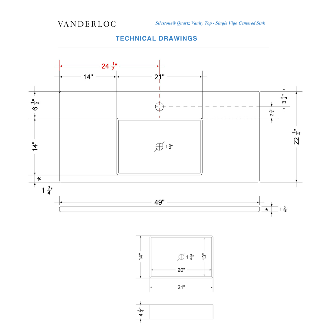 Vanderloc 49" Silestone® Quartz Vanity Top Single Vigo Centered Sink