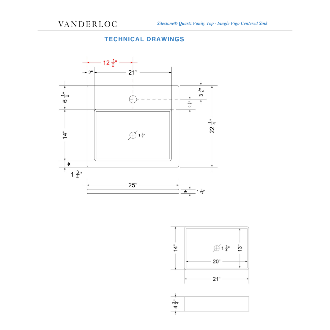 Vanderloc 25" Silestone® Quartz Vanity Top Single Vigo Centered Sink