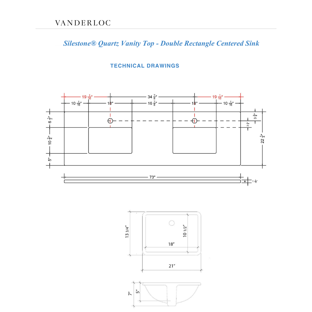 Vanderloc 73" Silestone® Quartz Vanity Top Double Rectangle Centered Sink