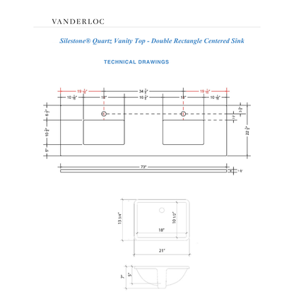Vanderloc 73" Silestone® Quartz Vanity Top Double Rectangle Centered Sink