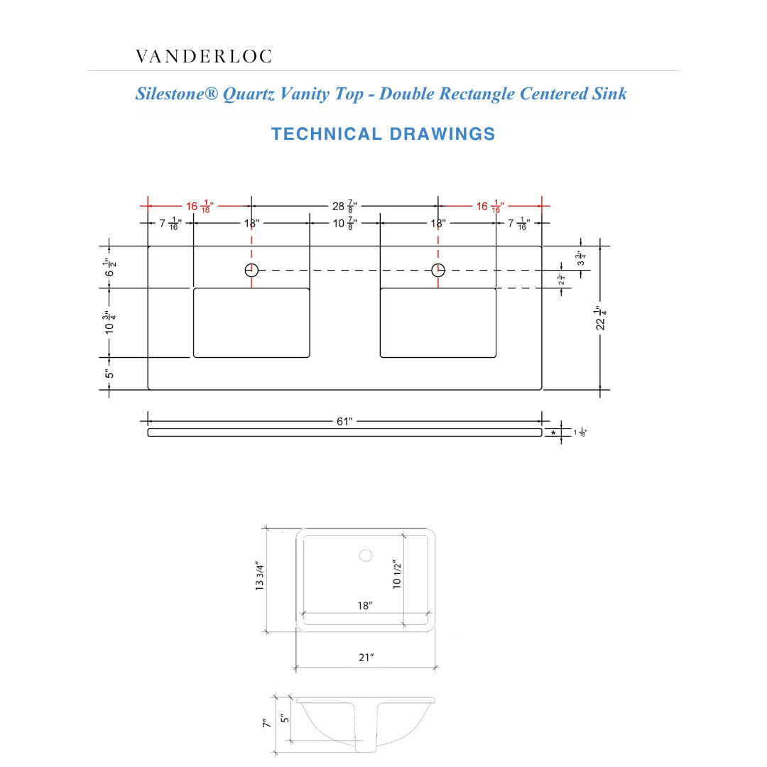 Vanderloc 61" Silestone® Quartz Vanity Top Double Rectangle Centered Sink