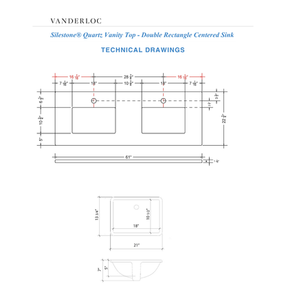 Vanderloc 61" Silestone® Quartz Vanity Top Double Rectangle Centered Sink