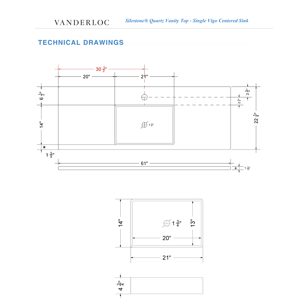 Vanderloc 61" Silestone® Quartz Vanity Top Single Vigo Centered Sink