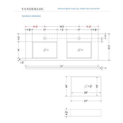 Vanderloc 61" Silestone® Quartz Vanity Top Double Vigo Centered Sink