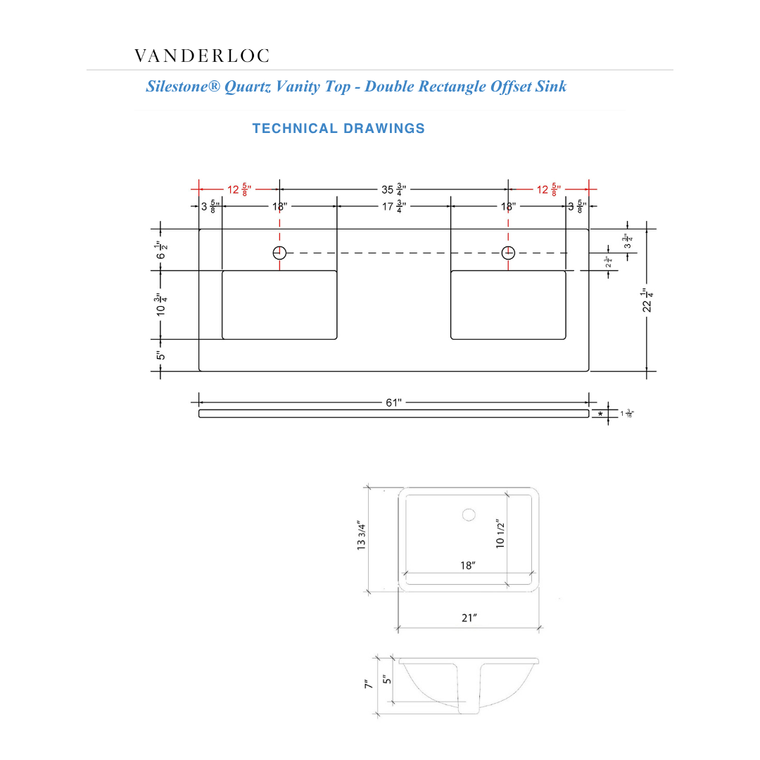 Vanderloc 61" Silestone® Quartz Vanity Top Double Rectangle Offset Sink