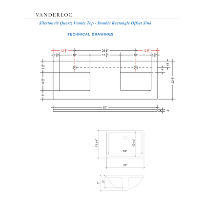 Vanderloc 61" Silestone® Quartz Vanity Top Double Rectangle Offset Sink