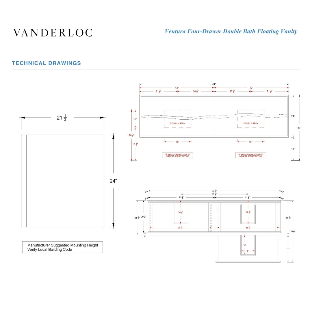 Vanderloc Ventura Four-Drawer Double Bath Floating Vanity