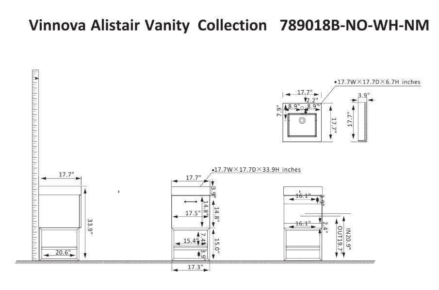 Vinnova, Alistair 18B" Single Sink Bath Vanity in North American Oak with White Grain Stone Countertop