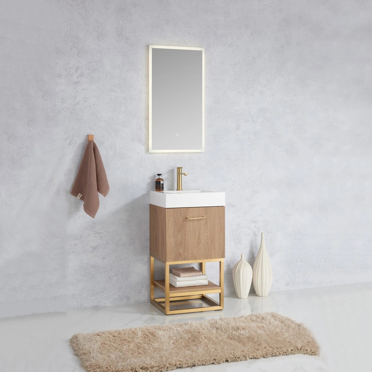 Vinnova, Alistair 18" Single Sink Bath Vanity in North American Oak with Whole Artificial Stone Basin Top