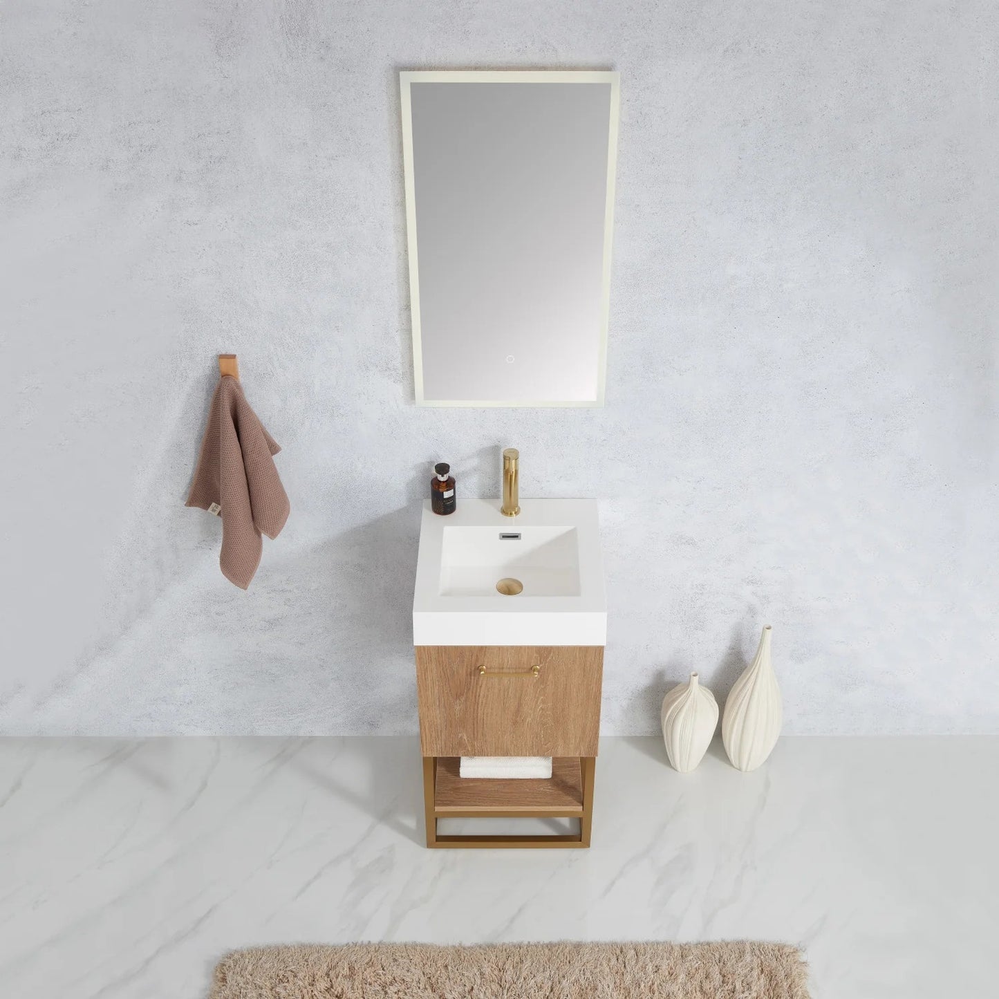 Vinnova, Alistair 18" Single Sink Bath Vanity in North American Oak with Whole Artificial Stone Basin Top