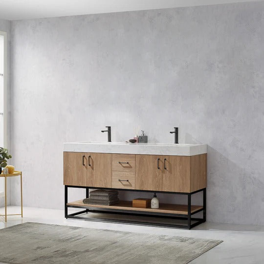 Vinnova, Alistair 60B" Double Vanity in North American Oak with White Grain Stone Countertop With Mirror