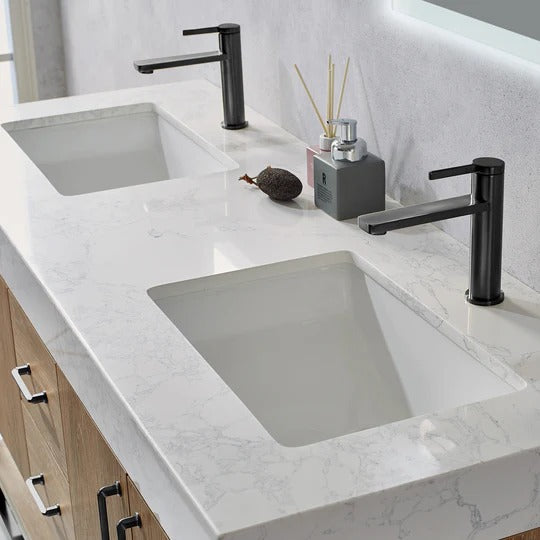 Vinnova, Alistair 60B" Double Vanity in North American Oak with White Grain Stone Countertop With Mirror