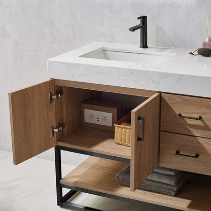 Vinnova, Alistair 60B" Double Vanity in North American Oak with White Grain Stone Countertop With Mirror