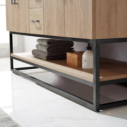 Vinnova, Alistair 60B" Double Vanity in North American Oak with White Grain Stone Countertop With Mirror