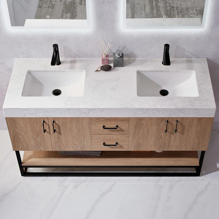 Vinnova, Alistair 60B" Double Vanity in North American Oak with White Grain Stone Countertop With Mirror