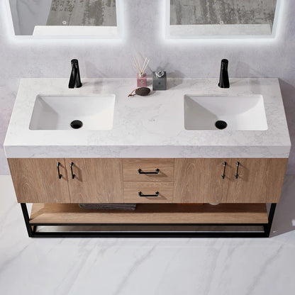 Vinnova, Alistair 60B" Double Vanity in North American Oak with White Grain Stone Countertop With Mirror
