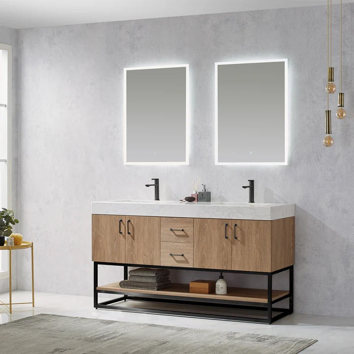 Vinnova, Alistair 60B" Double Vanity in North American Oak with White Grain Stone Countertop With Mirror