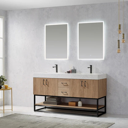 Vinnova, Alistair 60B" Double Vanity in North American Oak with White Grain Stone Countertop With Mirror