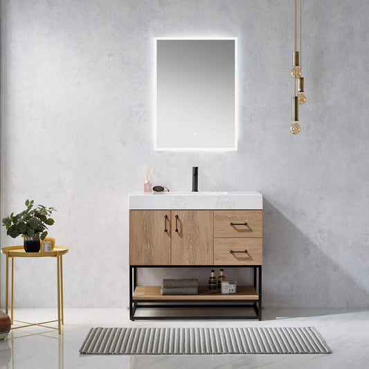 Vinnova Alistair 36-inch oak bathroom vanity with white grain stone top and matching mirror