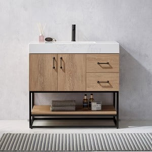 Vinnova, Alistair 24B" Single Vanity in North American Oak with White Grain Stone Countertop Without Mirror
