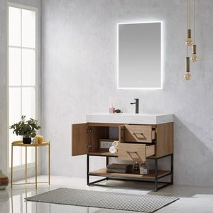 Vinnova, Alistair 24B" Single Vanity in North American Oak with White Grain Stone Countertop Without Mirror
