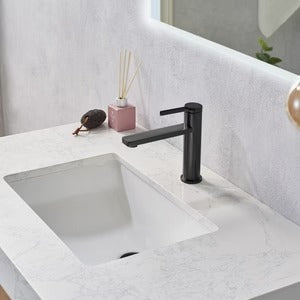 Vinnova, Alistair 24B" Single Vanity in North American Oak with White Grain Stone Countertop Without Mirror
