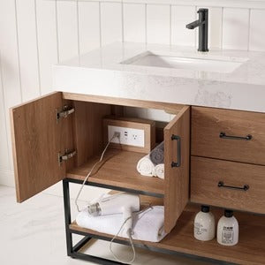 Vinnova, Alistair 24B" Single Vanity in North American Oak with White Grain Stone Countertop Without Mirror