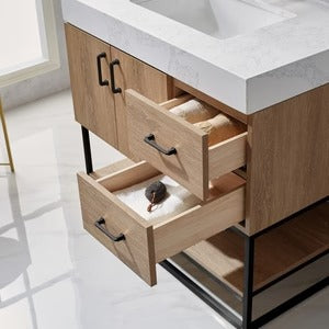 Vinnova, Alistair 24B" Single Vanity in North American Oak with White Grain Stone Countertop Without Mirror