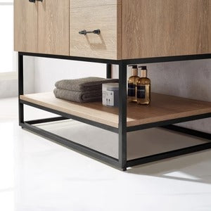 Vinnova, Alistair 24B" Single Vanity in North American Oak with White Grain Stone Countertop Without Mirror