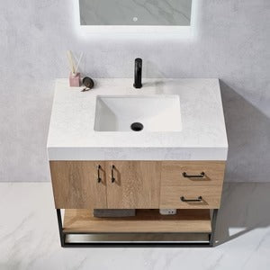 Vinnova, Alistair 24B" Single Vanity in North American Oak with White Grain Stone Countertop Without Mirror